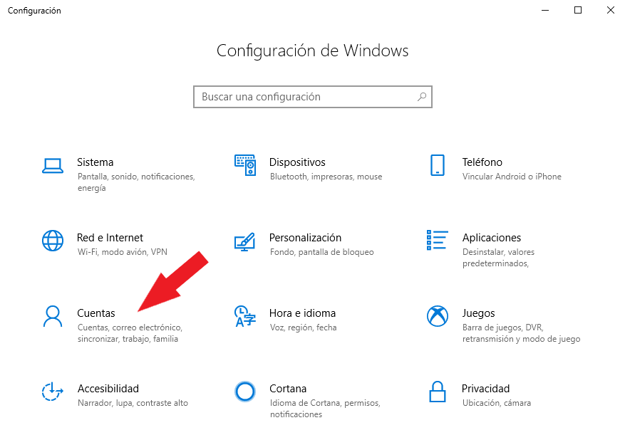 Desde windows 10, Configuración, acceso a Cuentas de Usuario