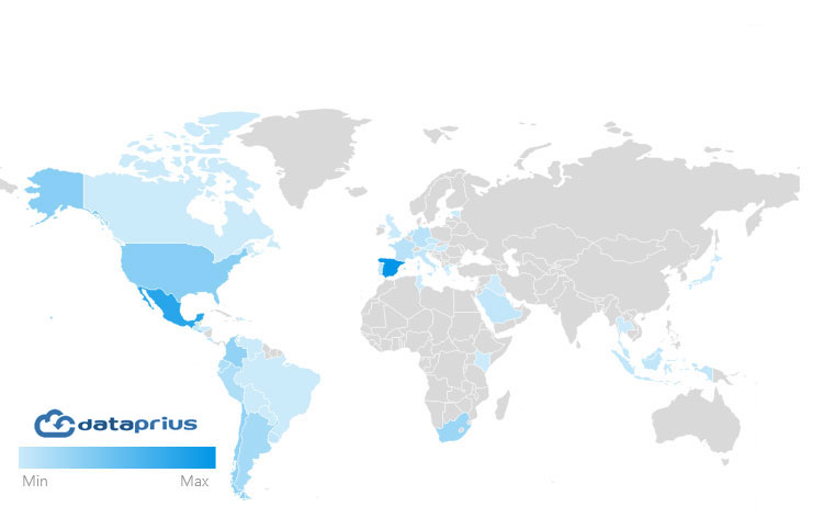 Mapa intensidad de uso de Dataprius países mundo.