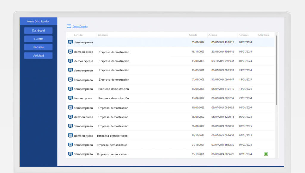 Panel de clientes en el software Dataprius Manager para distribuidores.