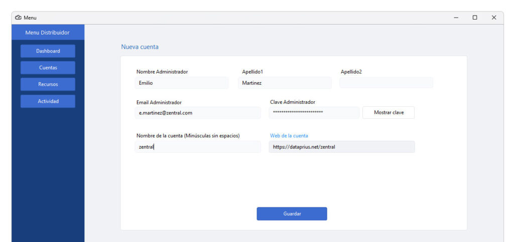 Creación de nueva cuenta en el software Dataprius Manager para distribuidores.