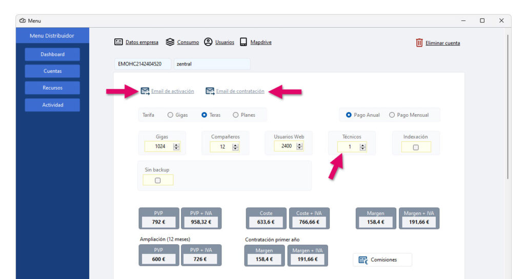 Recursos y utilidades en la gestión de una cuenta cliente en el software Dataprius Manager para distribuidores.