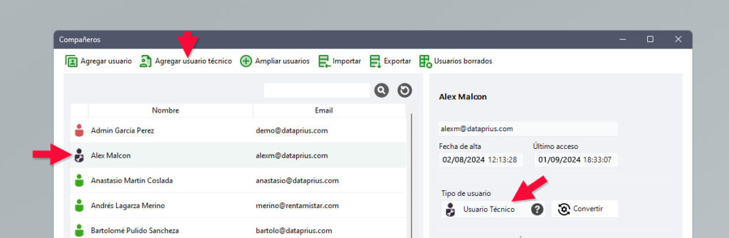 Ventana de gestión de usuarios dataprius. Usuario técnico.
