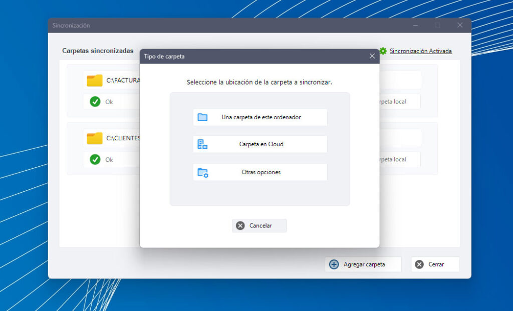 Seleccionar carpetas a sincronizar. Puden ser carpetas del equipo o carpetas en Cloud.