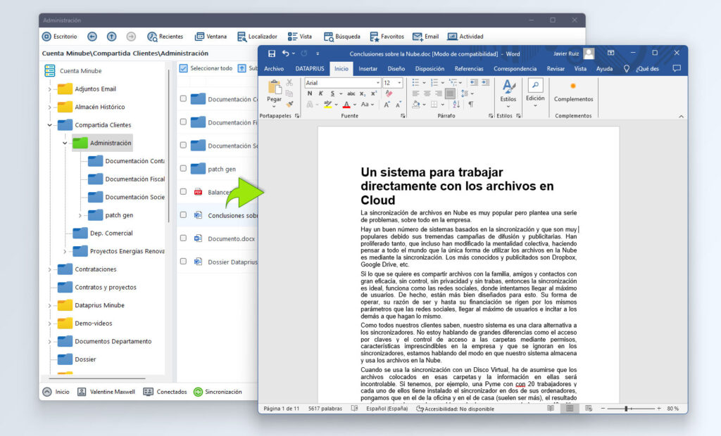 Edición directa de un archivo Word en la nube.
