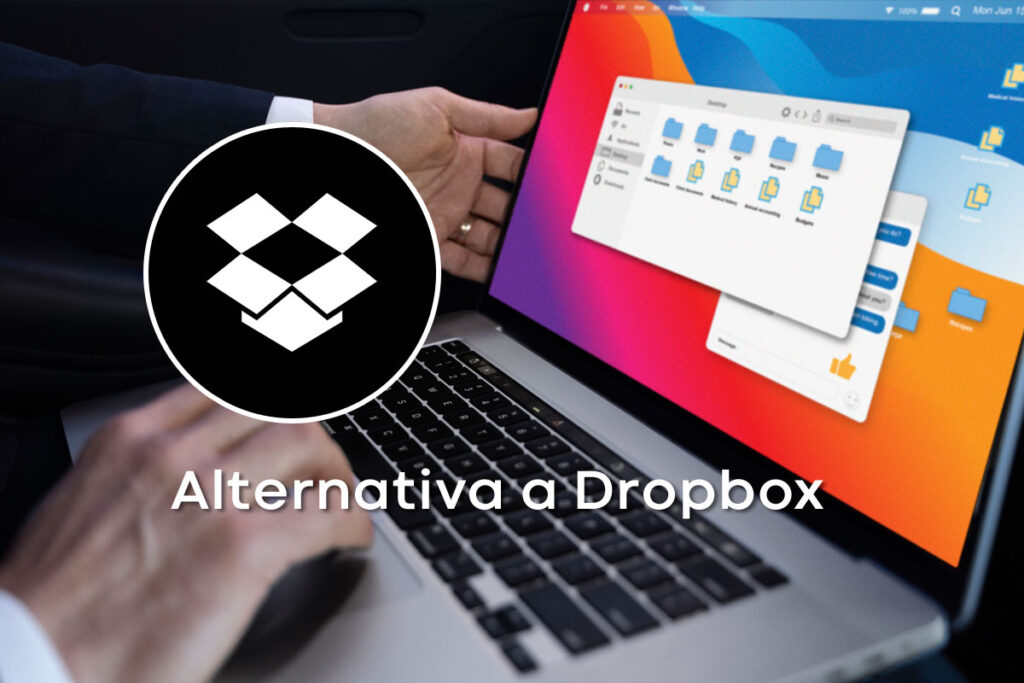 Buscando alternativa a Dropbox. la imagen muestra el logotipo de Dropbox el titulo que es "Alternativa a Dropbox" y un portátil con unas carpetas en pantalla.