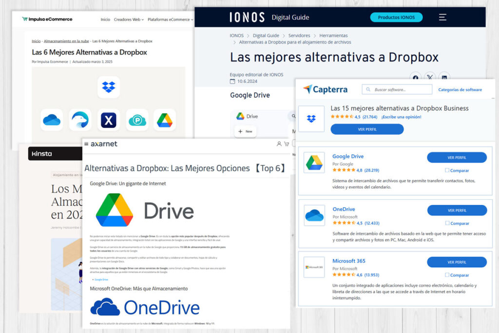 Pantallas de resultados de búsqueda de alternativa a Dropbox. Los resultados de buscar una alternativa a Dropbox son multitud de páginas con lo mismo.