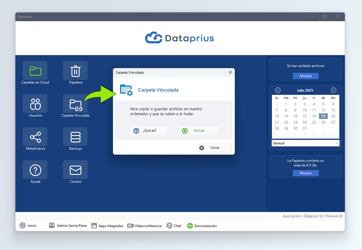Escritorio Dataprius. Se ha hecho click en el icono de Carpeta Vinculada. Se abre la ventana de la Carpeta Vinculada.